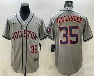 Men%27s Houston Astros #35 Justin Verlander Number Grey With Patch Stitched MLB Cool Base Nike Jersey
